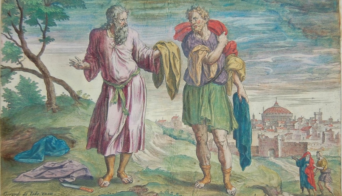 Jeroboam and the prophet Ahijah. Print made by Jan Collaert I, after Ambrosius Francken, 1585